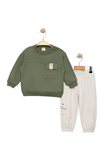 Divonette Baby Boy Pocketed Khaki Sweatshirt and Stone Tracksuit Set - Children's Clothing