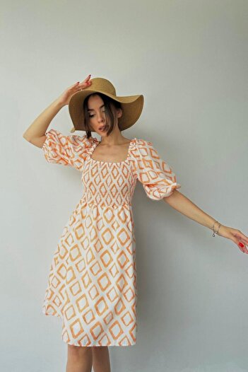 buğrahayalin Orange Square Patterned Summer Dress