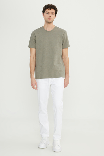 ALTINYILDIZ CLASSICS Men's Khaki Cotton Slim Fit Slim Fit Crew Neck Jacquard Stretch T-Shirt