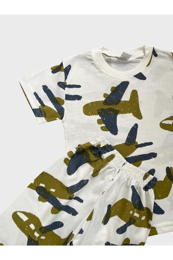 ALİŞ KİDS Boys' Cotton White Green Airplane Patterned Short Sleeve Shorts Summer Pajama Set