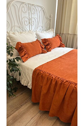 Decamor home Tile Ruffle Bed Runner and Filled Throw Pillow Set Double Size 3 Pieces