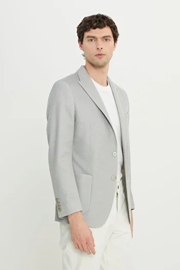 ALTINYILDIZ CLASSICS Men's Gray 360 All-Ways Stretch Cotton Slim Fit Dovetail Collar Dobby Blazer Jacket