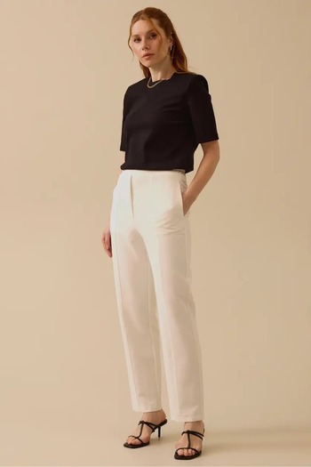 SEÇİL Women's Elastic Waist Tight Leg Woven Fabric Pants - White