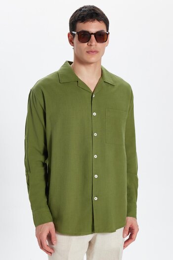 Tudors Men's Relax Fit Relaxed Cut 100% Cotton Linen Texture Khaki Collar Khaki Shirt