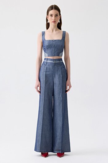 rue High Waist Wide Leg Buttoned Navy Blue Trousers