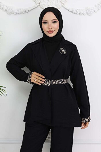 benguen Leopard Print Belted Jacket and Pants Set, Black 4718