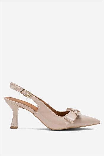 Liger Women's Bow Buckle Pointed Toe Open Back 8 cm Heeled Shoes Beige