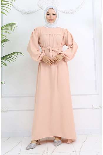 sefamerve Crepe Fabric Sleeve Elastic Dress 0029-10 Salmon