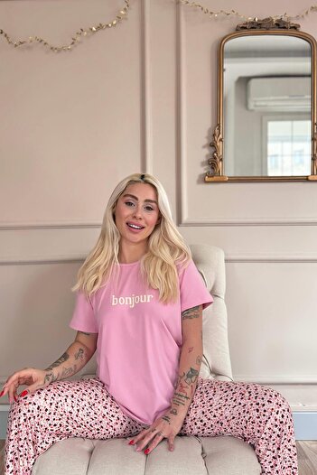Pijamaevi Pink Bonjour Patterned Short Sleeve Knitted Women's Pajamas Set