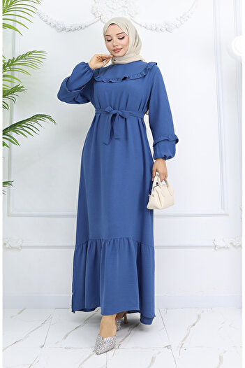 sefamerve Aerobin Indigo Dress with Details 0023-01