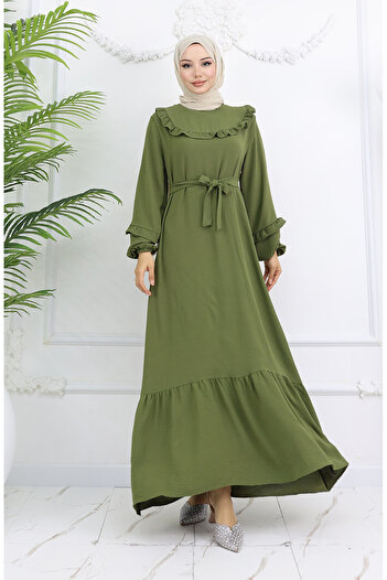 sefamerve Aerobin Fabric Dress 0023-04 Detailed with Khaki