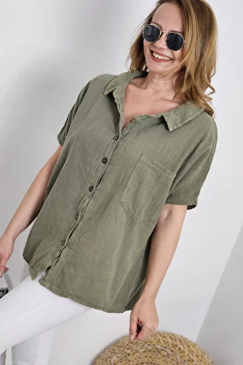 AYASOFYA OTANTIK Women's Khaki Button Closure Ring Detailed Casual Short Sleeve Linen Shirt Blouse