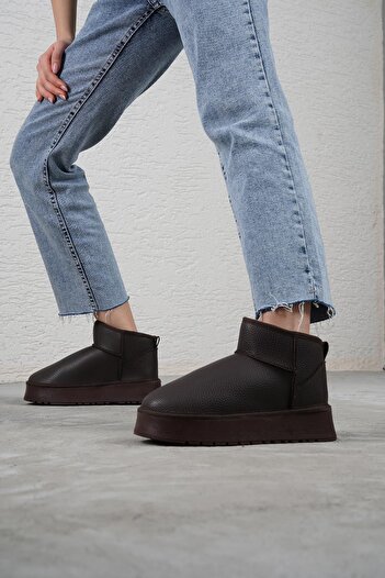 Beyond Γυναικείες Καφέ Ultra Mini Shearling Δερμάτινες Μπότες Ψηλής Σόλας 4,5cm BYNDUM02