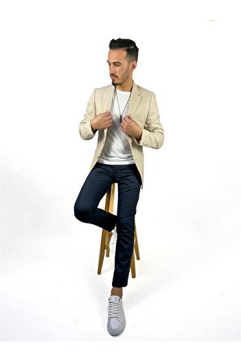 AGUSTİNİ Ekru Renk Torba Cep Tek Ceket Mono Yaka Slim Fit | Agustini