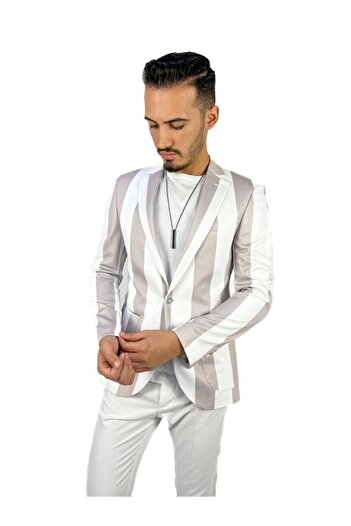 AGUSTİNİ Gri Beyaz Şerit Desen Torba Cep Blazer Tek Ceket Slim Fit | Agustini