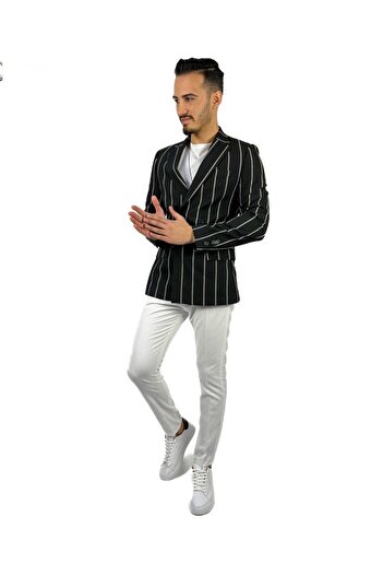 AGUSTİNİ Siyah Beyaz Çızgili Kruvaze Mono Yaka Slim Fit Tek Ceket | Agustini