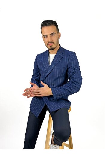 AGUSTİNİ Lacivert Çizgili Kruvaze Tek Ceket Mono Yaka Slim Fit | Agustini
