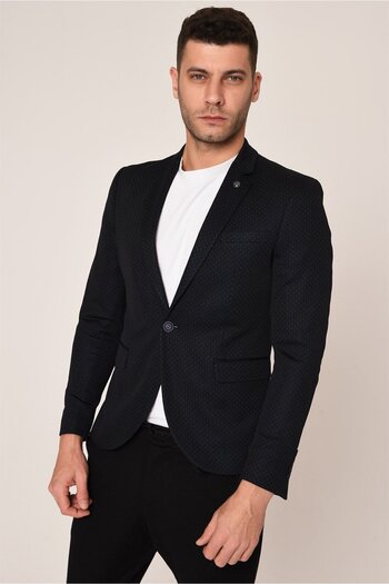 AGUSTİNİ Agustini - Navy BlueSlimFit Blazer, Polka Dot, Half Lining,MonoCollar Single Jacket