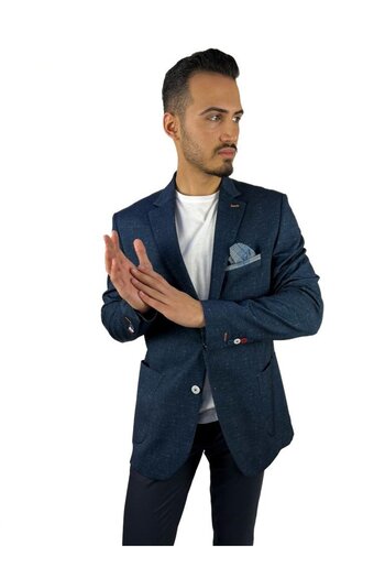AGUSTİNİ Agustini - Navy Blue Slim Fit Blazer, Mono Collar, Unlined Single Jacket