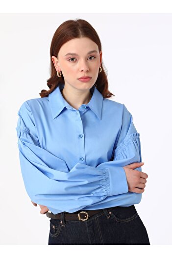 Benin Blue Benin Balloon Sleeve Cuffed Blouse / Shirt