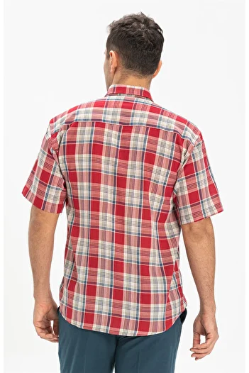 Eliş Şile Bezi Large Size Short Sleeve Shile Cloth Single Pocket Men's Summer Shirt Red Navy Blue Plaid 3057