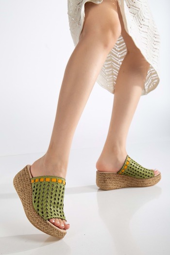 ANALİN SHOES Women's Genuine Leather Laser Wedge Heel Slippers - Pistachio Green