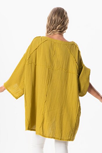 Eliş Şile Bezi Half Sleeve Nadya V-Neck Muslin Summer Blouse Oil Green Ygysl