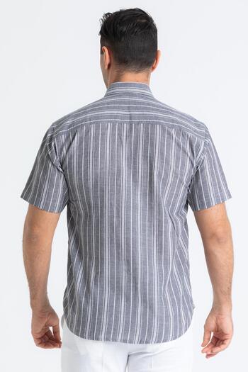 Eliş Şile Bezi Short Sleeve Sile Cloth Single Pocket Men's Shirt Gray White Striped 3078