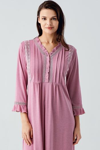 Artış Lace Buttoned Long Sleeve Stretchy Viscose Nightgown