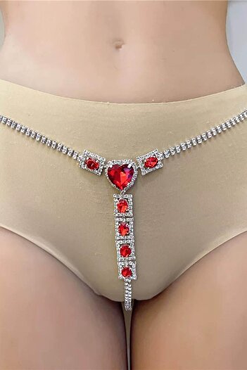 TAKIŞTIR Silver Color Red Stone Detailed Thong