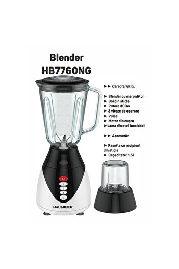 Hausberg Blender HB-7760NG, 300W, 1.5L, 3 speeds, Pulse Function, ice crushing, 4 removable blades, black