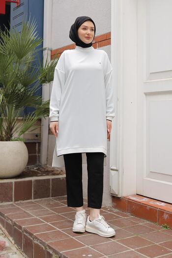 Armine TREND Armine trend ribbed sleeves basic tunic with back extension - white 25yt449