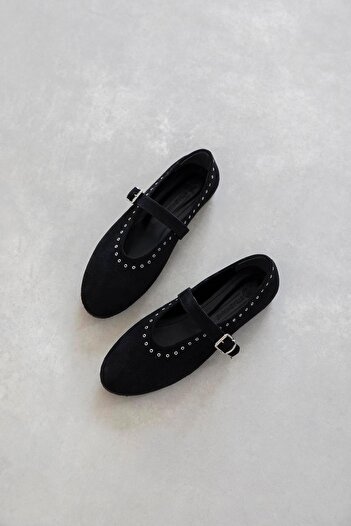 STRASWANS Women's Abner Drop Black Suede Ballerinas