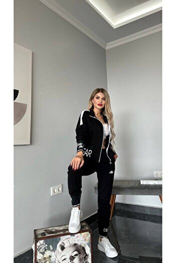 MİMİ Luxury Wear Kadın Fermuarlı Alt Üst Eşofman Takımı Nakışlı 2 İplik Likra