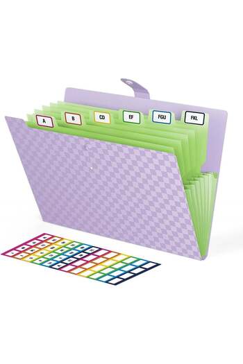 ABC Organizer set with 7 accordions and 48 Abc labels, plastic/paper, purple/green, 32.5 x 24.3 cm