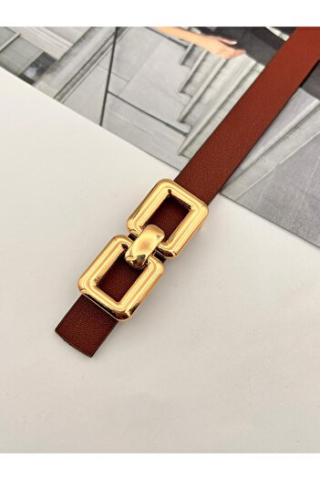 MODAM HİFA Square Pin Gold Buckle Claret Red Women's Belt Trouser Belt Dress Belt Shirt Belt Coat Belt