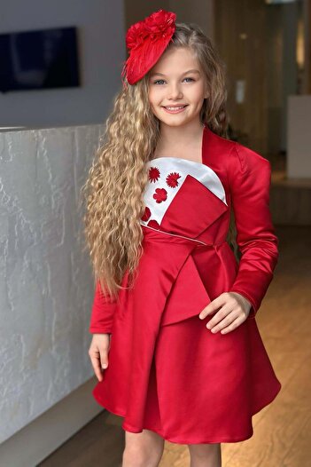 Riccotarz Girl's Square Neck Chest Panel Flower Asymmetrical Cut Red Dress