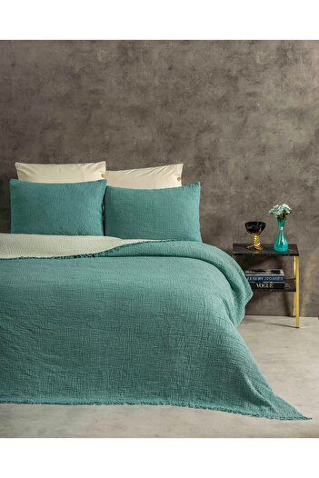 YASEMİNİNEVİ Turquoise Muslin Bedspread Pike (200X230Cm)