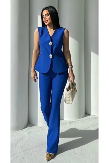 pembekurdelem Women's Gold Buttoned Vest Trousers Suit Saks Blue