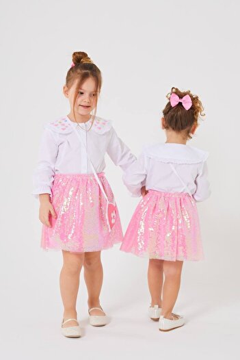 Elidabutik Heart Embroidered Sequined Skirt + Shirt + Bag Set with Sequins on the Collar