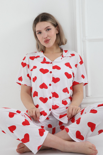 FAMES PİJAMA Heart Buttoned Viscosa Women's Pajama Set