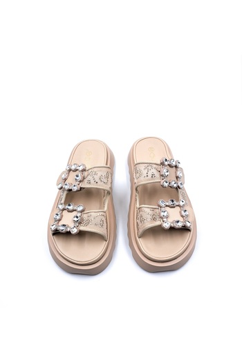 Guja Stoned Double Buckle Beige Color Women's Stylish and Comfortable Slippers