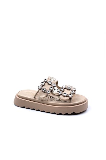 Guja Stoned Double Buckle Beige Color Women's Stylish and Comfortable Slippers