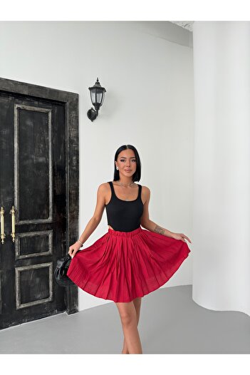 alenmoda Fusta mini cu pliuri cu textura modal burgundy pentru femei