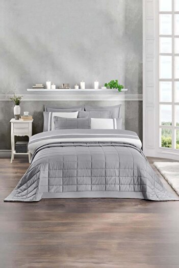 Altınbaşak Vespera Double Duvet Cover-Bedspread Set Grey (9 Pieces)