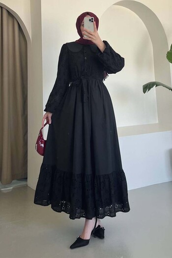 benguen Embroidery Detailed Baby Collar Dress Black 1003-1