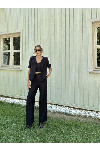 REKA MODA Black Strappy Bustier Jacket and Pants Set
