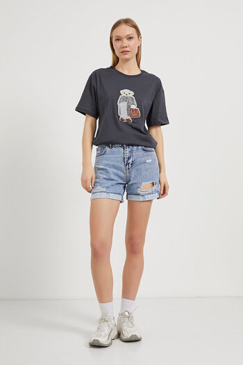 Arma Life Women's Teddy Bear Embroidered Short Sleeve Long Smoked T-Shirt