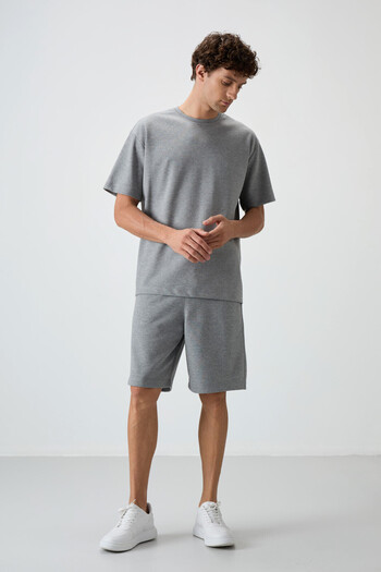 AIR JONES Ανδρικό Σετ βαμβακερό σορτς Oversize Grey Melange - Χοντρή απαλή υφή - 85249