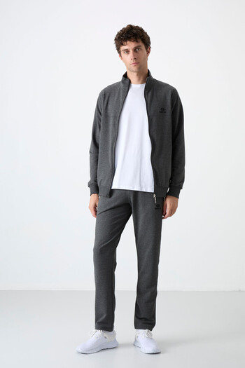 TOMMY LIFE Σετ ανδρικές αθλητικές φόρμες Anthracite Melange - Σταντ γιακά, με φερμουάρ, Άνετη φόρμα, Classic Leg - 85072
